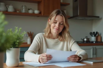 Femme dans la cuisine examine des papiers avec concentration