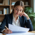 Femme professionnelle examine des documents de retraite à son bureau