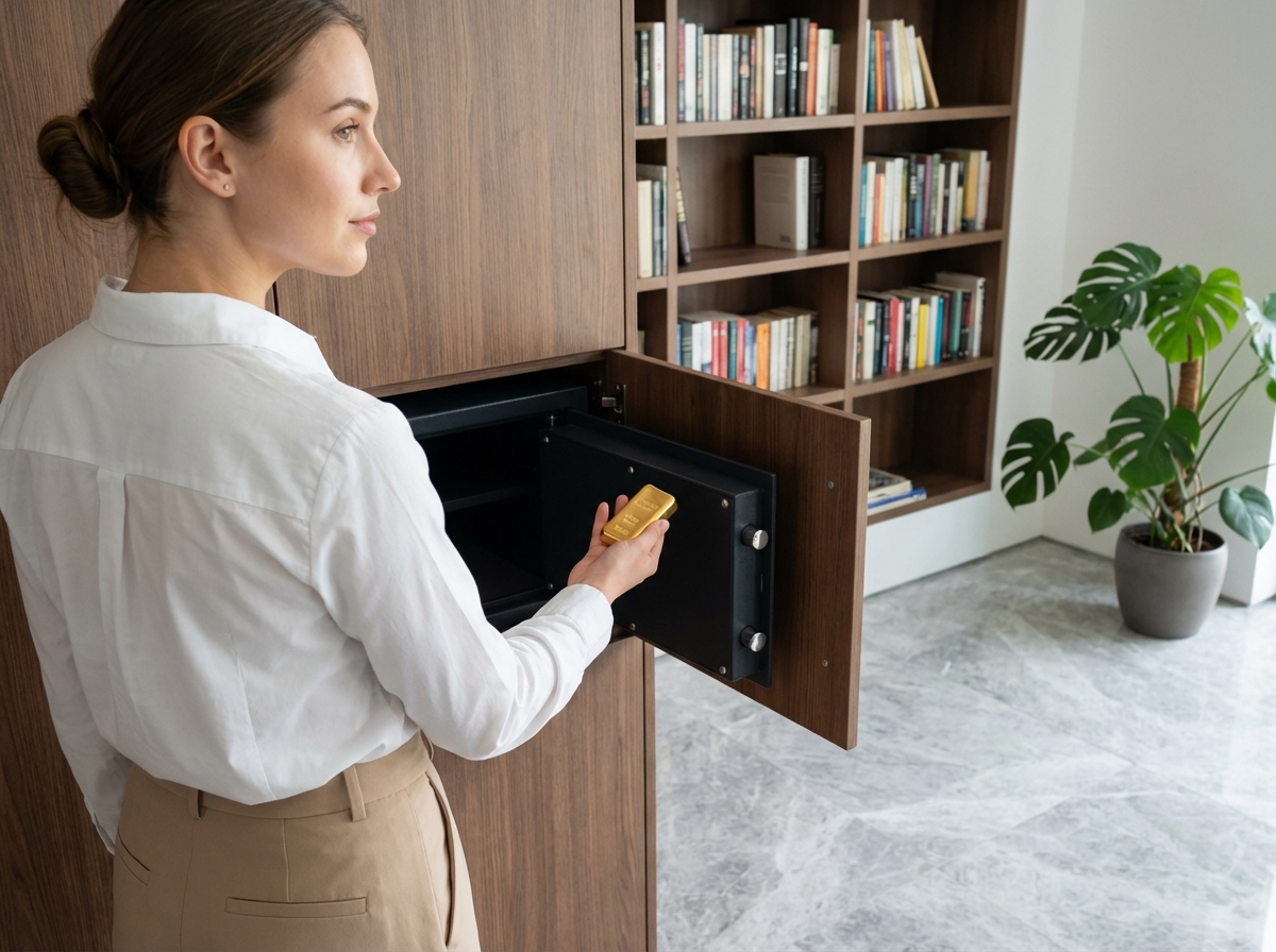 Jeune femme place une barre d or dans un coffre-fort