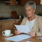 Femme senior lisant un calendrier de paiement de pension invalidité 2026 à sa table de cuisine