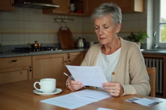 Femme senior lisant un calendrier de paiement de pension invalidité 2026 à sa table de cuisine