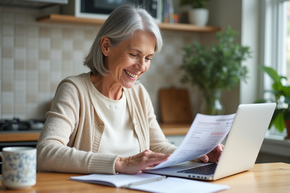 Femme senior souriante saisissant des données de pension