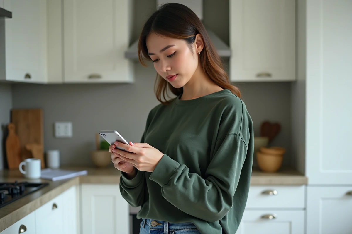 Jeune femme vérifiant sur son smartphone les aides et primes disponibles pour compléter un salaire de 2480 euros brut en net dans sa cuisine