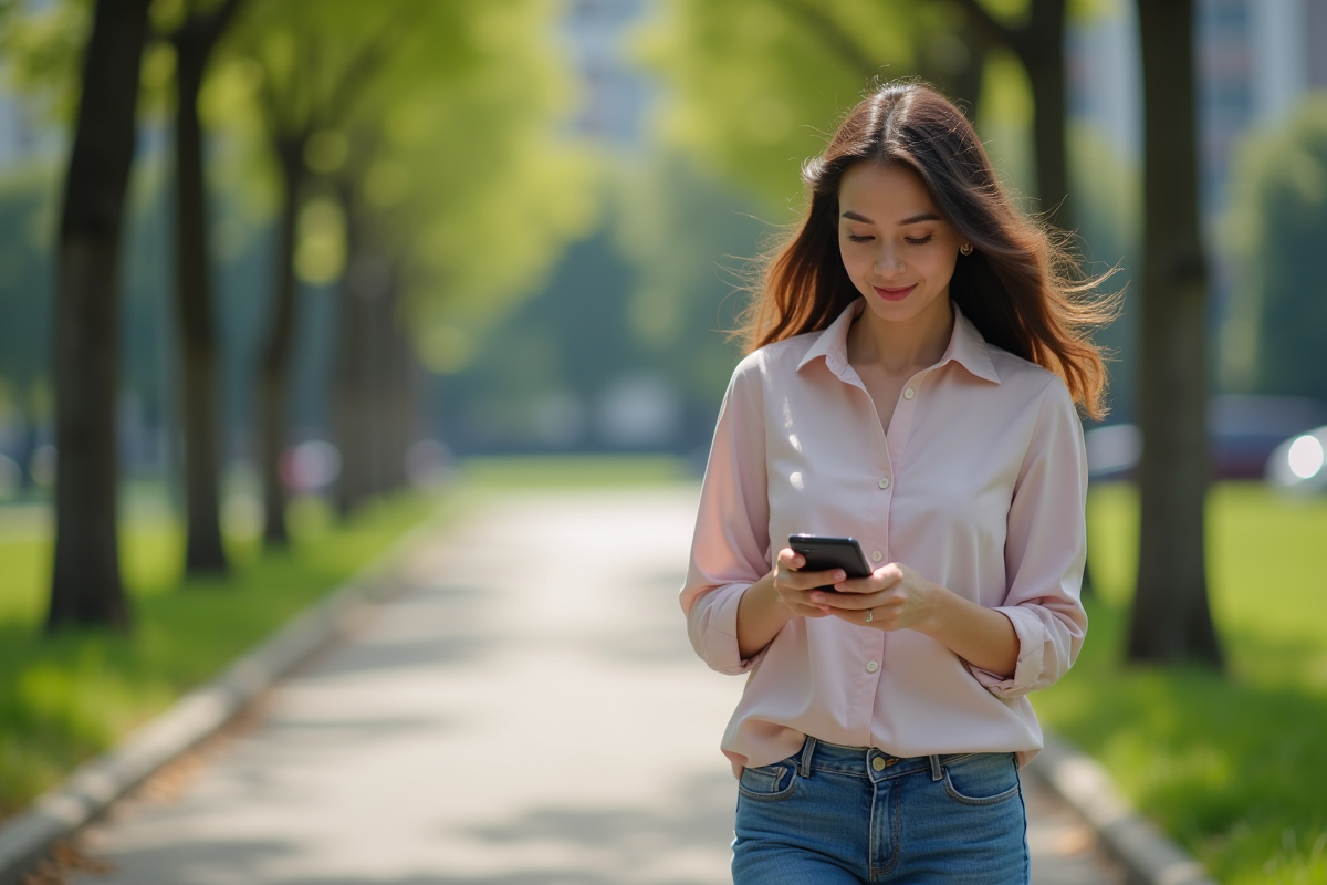 Femme marchant dans un parc urbain avec son smartphone crypto