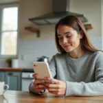 Femme consultant son application bancaire Nickel sur smartphone un vendredi pour vérifier un virement en attente