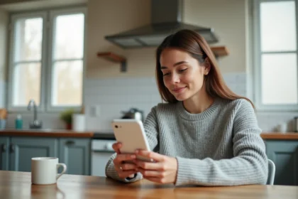 Femme consultant son application bancaire Nickel sur smartphone un vendredi pour vérifier un virement en attente