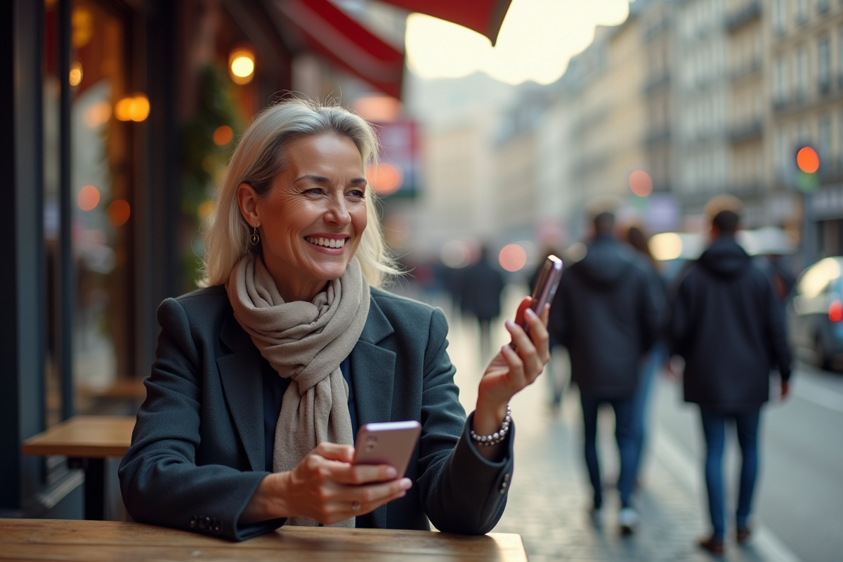 Femme souriante avec smartphone Bitcoin dans un café animé