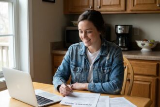 Jeune femme souriante avec ordinateur et devis d'assurance