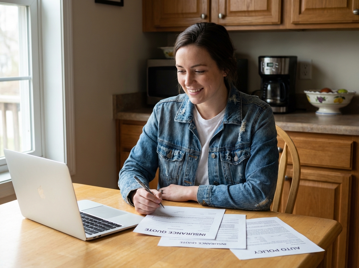 Jeune femme souriante avec ordinateur et devis d'assurance
