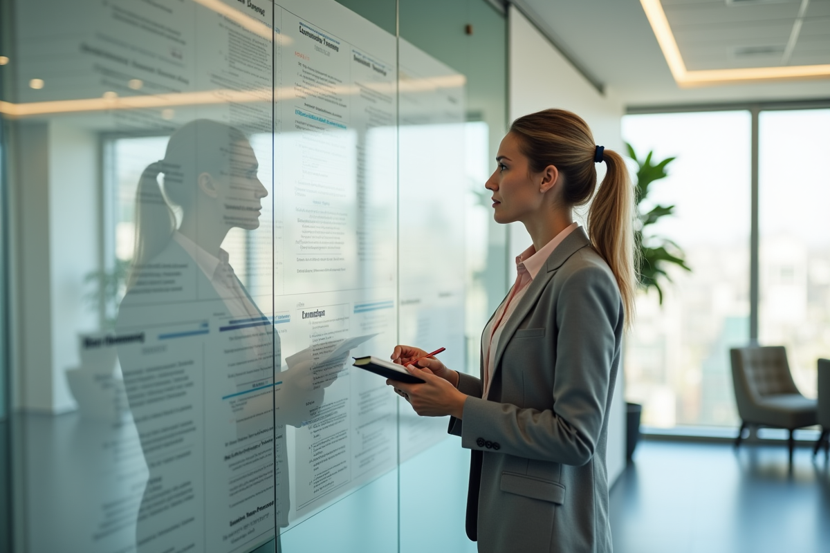 Femme professionnelle observant un tableau de planification stratégique