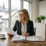 Femme suisse en blazer regardant un dossier financier