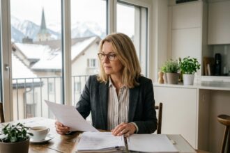 Femme suisse en blazer regardant un dossier financier