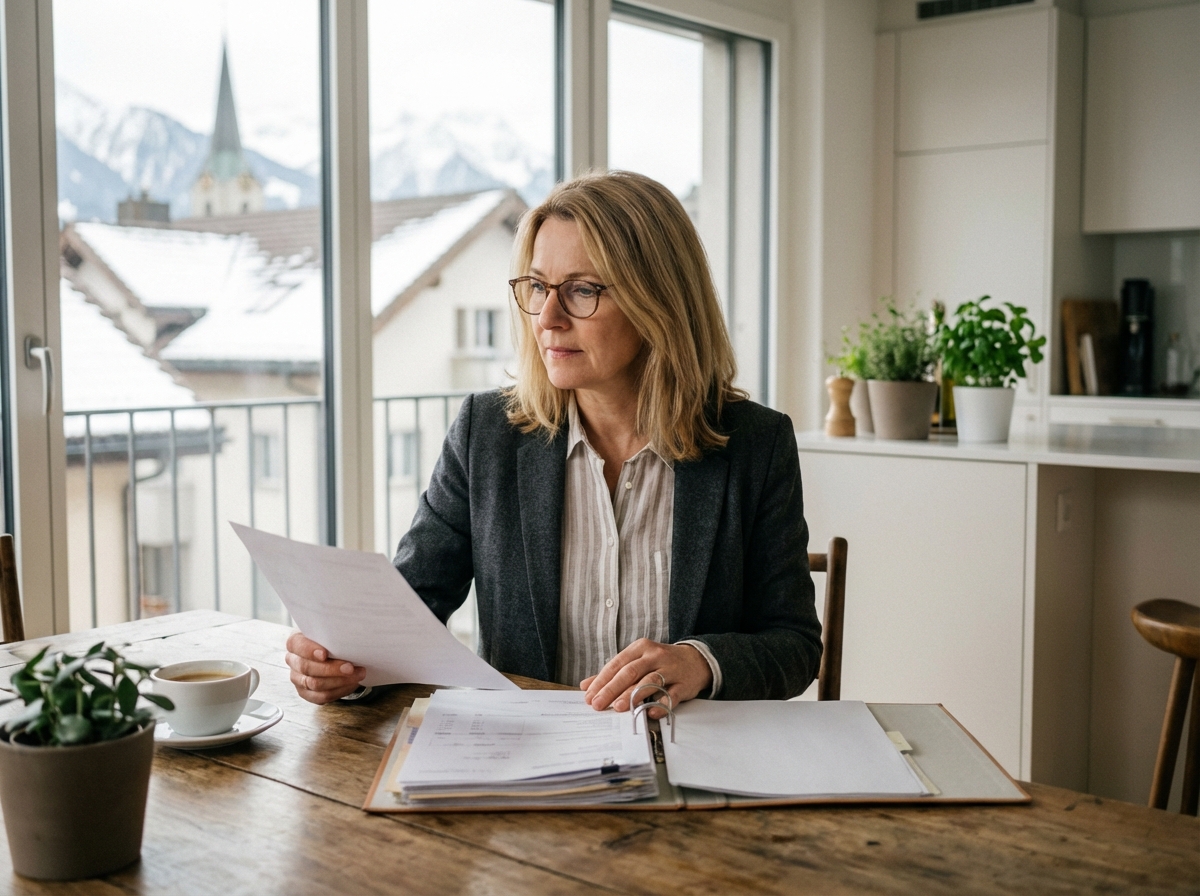 Femme suisse en blazer regardant un dossier financier