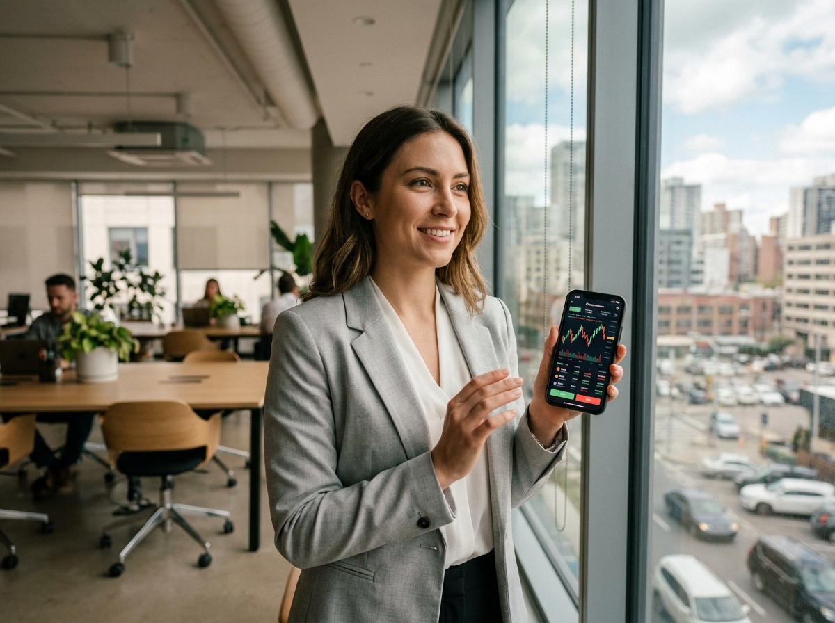 Femme consultant les prix des cryptomonnaies en temps réel sur son smartphone dans un espace de coworking moderne