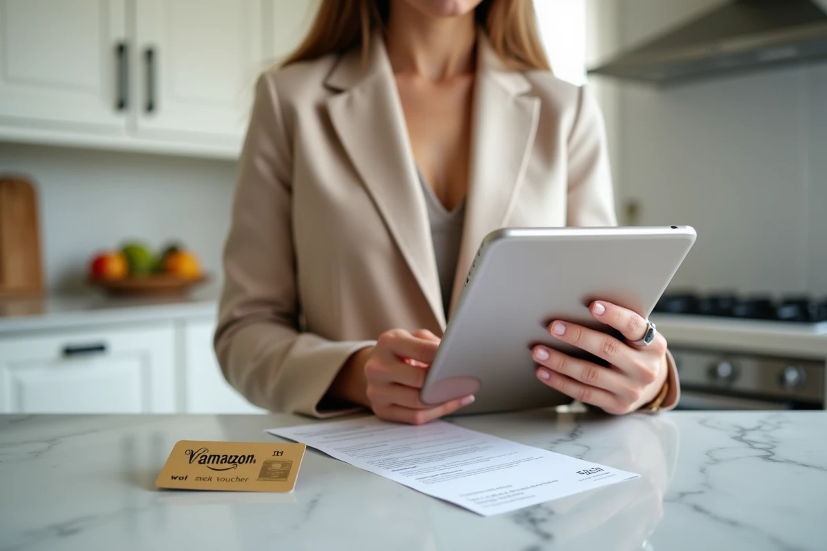 Jeune femme utilisant une tablette pour résoudre un problème de paiement Bimpli sur Amazon avec sa carte posée sur le comptoir