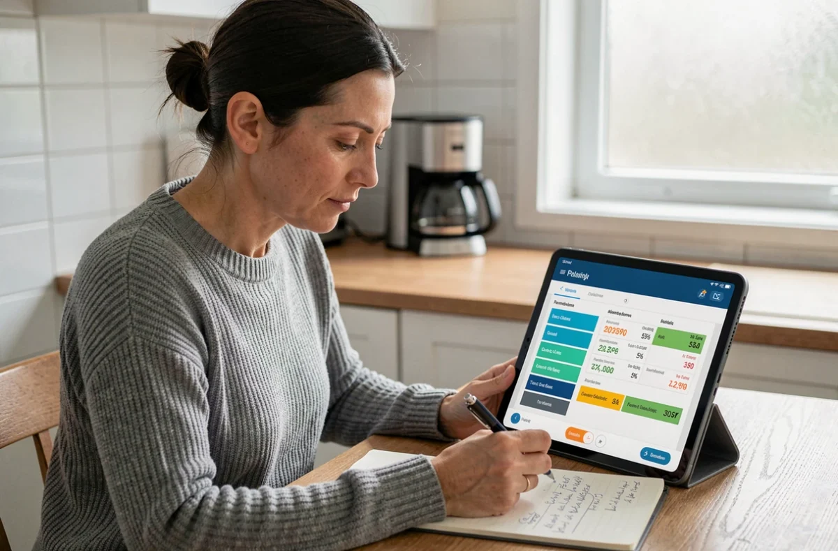 Femme utilisant une tablette pour simuler son impôt sur le revenu par tranche à la maison