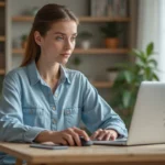 Jeune femme concentrée devant son ordinateur à la maison