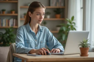 Jeune femme concentrée devant son ordinateur à la maison