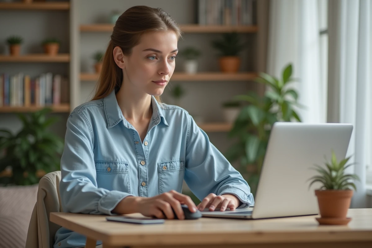 Jeune femme concentrée devant son ordinateur à la maison