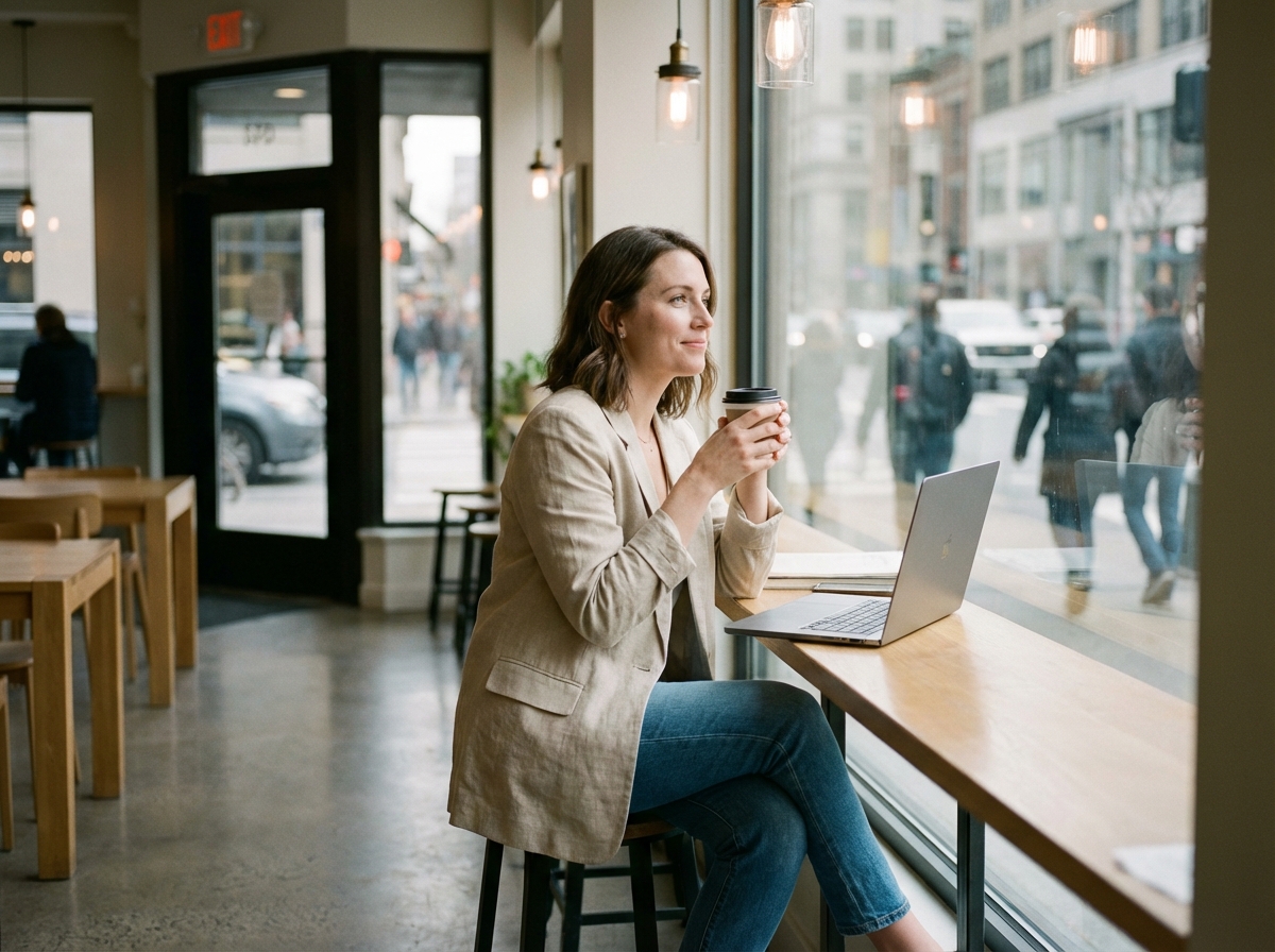Jeune femme travaillant dans un café coworking lumineux