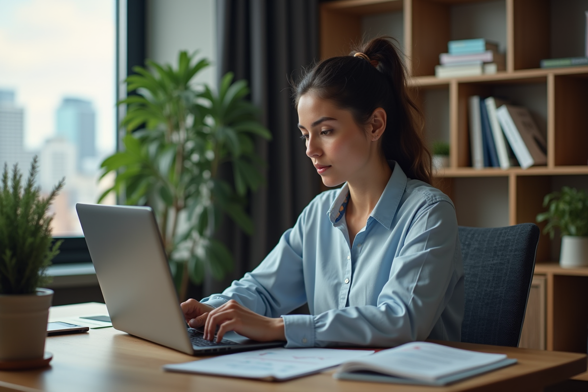 Jeune femme travaillant sur un ordinateur avec graphiques financiers