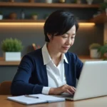 Femme d'âge moyen travaillant sur un ordinateur portable à la maison