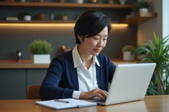 Femme d'âge moyen travaillant sur un ordinateur portable à la maison