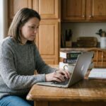 Femme concentrée travaillant sur son ordinateur dans la cuisine