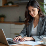 Femme en blazer et jeans travaillant à la maison