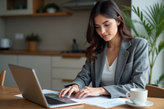 Femme en blazer et jeans travaillant à la maison