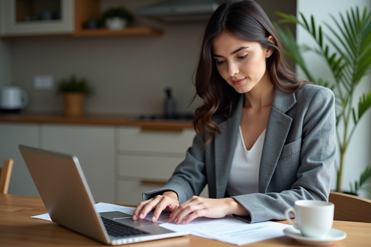 Femme en blazer et jeans travaillant à la maison