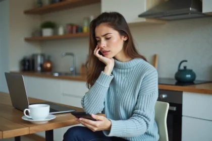Femme en télétravail avec ordinateur et smartphone