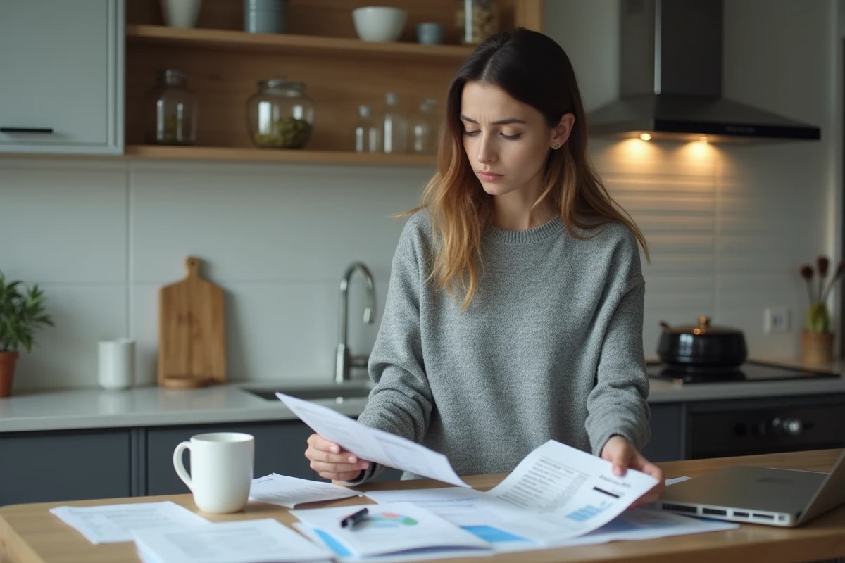 Jeune femme triant des factures dans une cuisine moderne