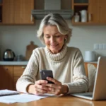 Femme d'âge moyen utilisant une application bancaire sur smartphone à la maison