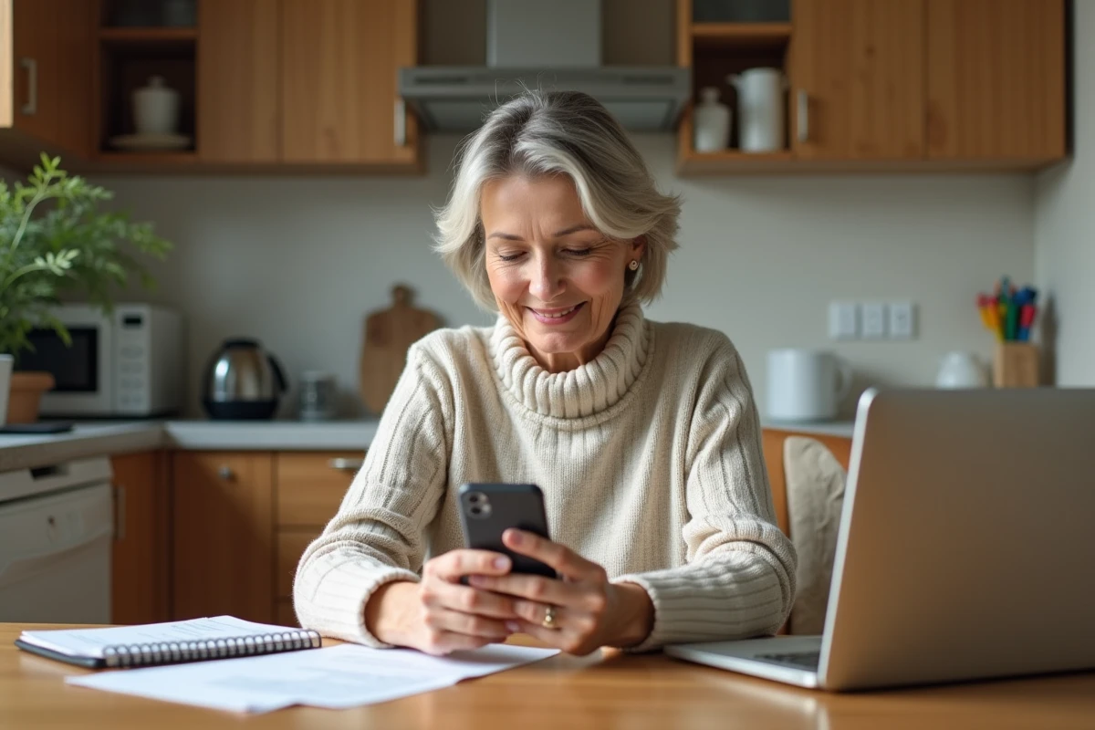 Femme d'âge moyen utilisant une application bancaire sur smartphone à la maison