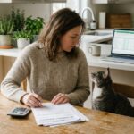 Femme vérifiant des factures vétérinaires avec son chat