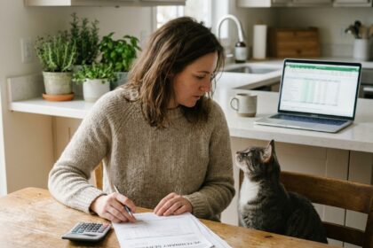 Femme vérifiant des factures vétérinaires avec son chat