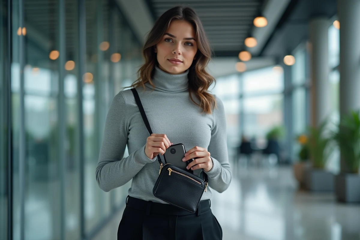 Jeune femme plaçant un portefeuille crypto dans une pochette en cuir