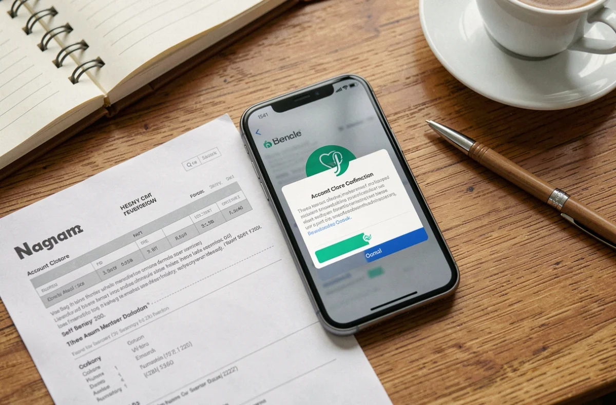 Smartphone affichant une application bancaire pour fermer un compte en ligne avec un relevé imprimé