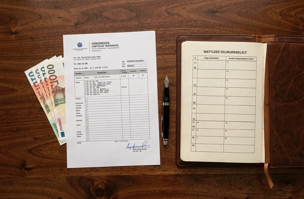 Vue de dessus d'un bureau institutionnel avec une fiche de paie officielle, des billets en euros et un agenda de parlementaire