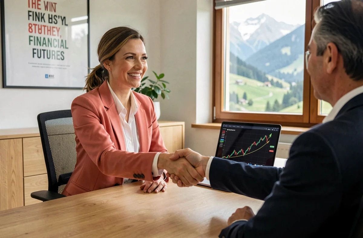 Conseillère de Finavenir Patrimoine concluant un accord avec un client dans un bureau lumineux avec vue sur une vallée alpine
