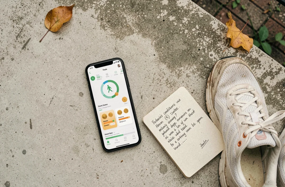Vue de dessus d'un smartphone avec application de marche rémunérée, chaussures de sport et notes manuscrites sur les conditions d'inscription