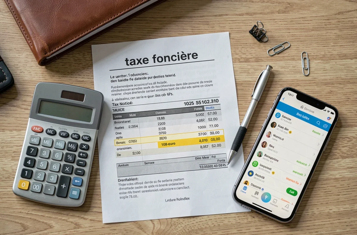 Vue aérienne d'un avis d'imposition, d'un relevé bancaire et d'une calculatrice pour analyser un prélèvement de 108 euros