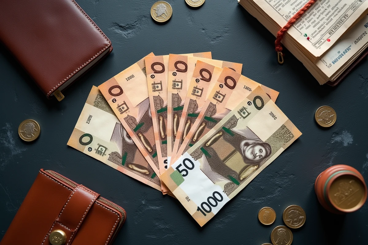 Vue de dessus de billets et pièces de dirhams AED étalés sur une surface en ardoise avec passeport et carte d'embarquement