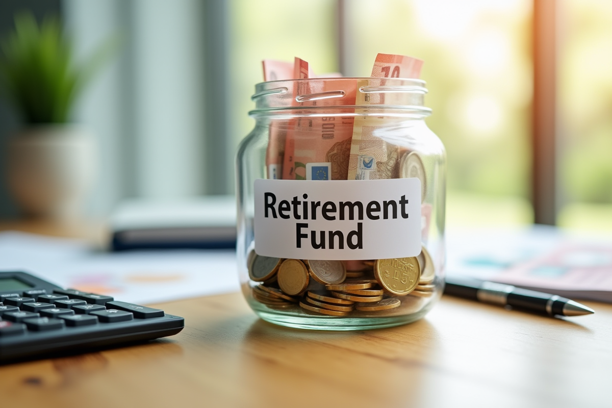 Fonds de retraite avec billets et pièces sur bureau lumineux