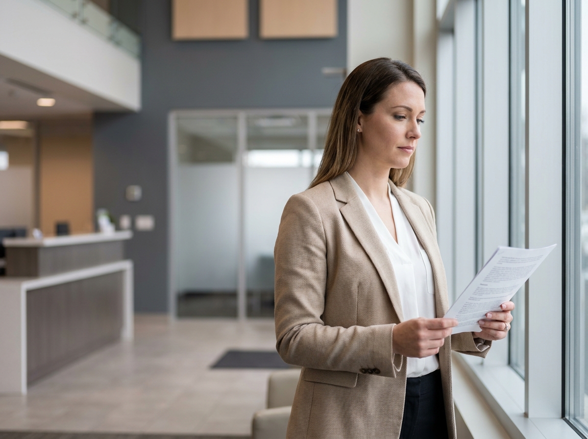 Femme tenant un formulaire de demande de crédit rapide dans une agence financière moderne
