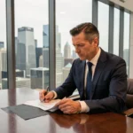 Homme d'affaires en costume marine examinant des documents financiers dans un bureau en hauteur avec vue sur la ville, illustrant la croissance d'une fortune d'entrepreneur