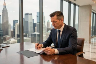 Homme d'affaires en costume marine examinant des documents financiers dans un bureau en hauteur avec vue sur la ville, illustrant la croissance d'une fortune d'entrepreneur