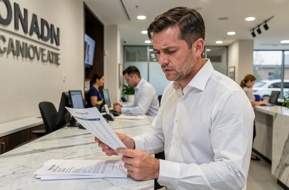 Homme consultant les frais de clôture de compte au guichet d'une banque