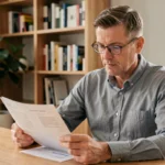 Homme de 45 ans en situation de handicap partiel consultant des documents d'assurance emprunteur à son bureau à domicile